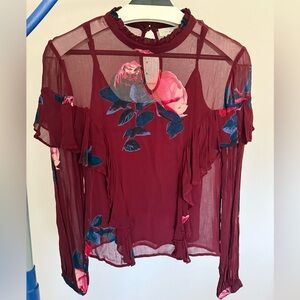 Lucky Brand Burgundy Sheer Floral Ruffle Blouse